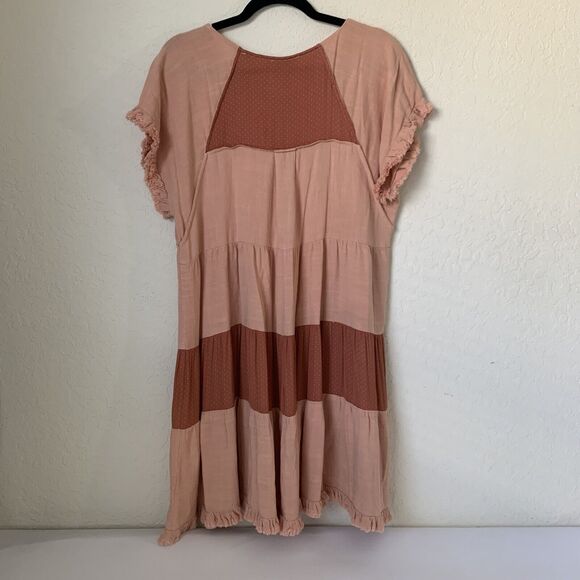 Umgee Dress Small Dusty Pink Linen Oversized Raw Hem Peasant Boho Cottagecore - Picture 2 of 8